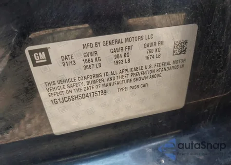 2013 Chevrolet Sonic Lt Auto z USA, uszkodzony, nr VIN 1G1JC6SH5D4175739